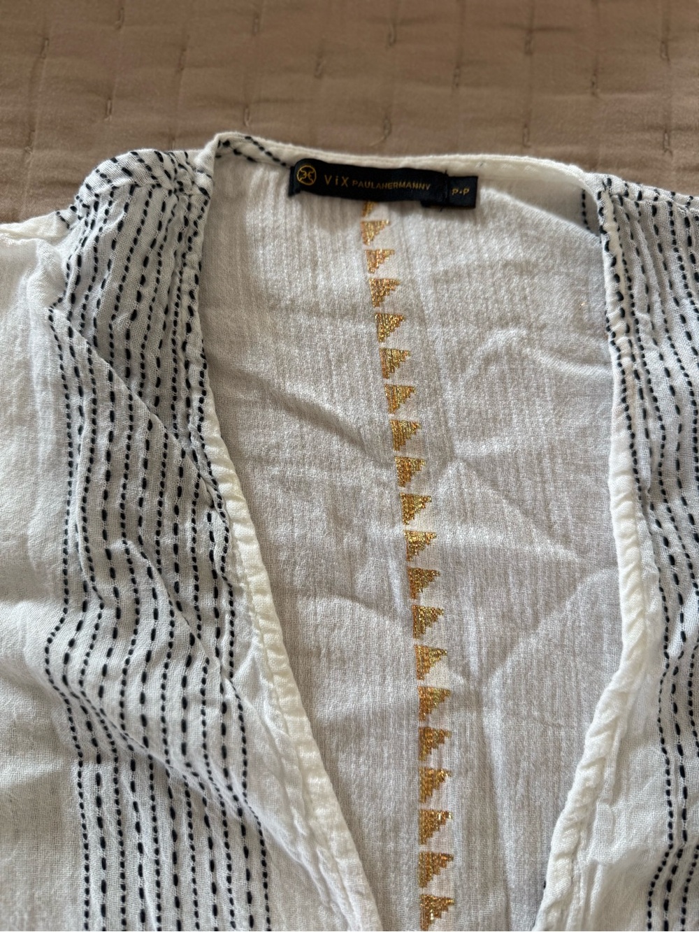 Vix White Cotton Swim Coverup with Black Stitching and Gold Detail